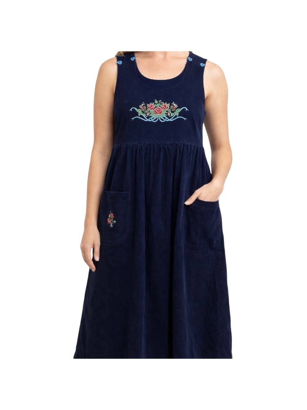 Vintage Dogwood Lane Corduroy Dress 90s Cottagecore Cotton Embroidered Floral M